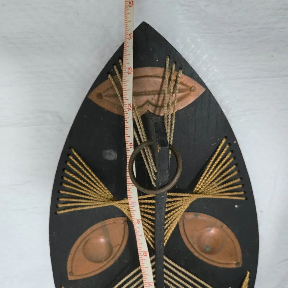 Vintage MCM African Inspired String Art Mask Wood Copper Wall Plaque 14